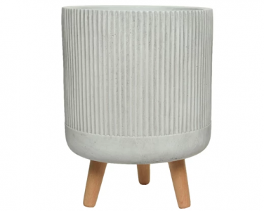 10" Fibre Clay Planter Offwhite Stripe With Wood Legs