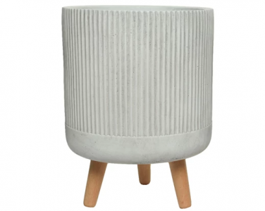 12" Fibre Clay Planter Offwhite Stripe With Wood Legs