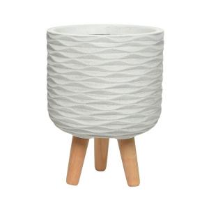10" Fibre Clay Planter Offwhite Wave With Wood Legs