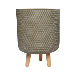 10" Fibre Clay Planter Taupe Honeycomb With Wood Legs