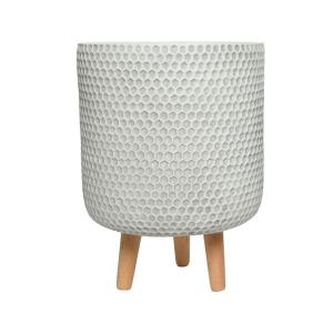 10" Fibre Clay Planter Offwhite Honeycomb With Wood Legs