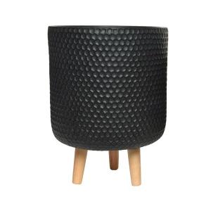 10" Fibre Clay Planter Anthracite Honeycomb With Wood Legs