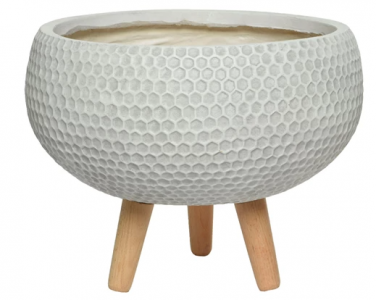 12" Fibre Clay Bowl Offwhite Honeycomb With Wood Legs