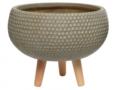 14" Fibre Clay Bowl Taupe Honeycomb With Wood Legs