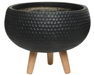 12" Fibre Clay Bowl Anthracite Honeycomb With Wood Legs