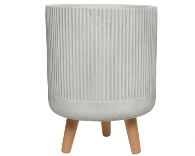 10" Fibre Clay Planter Offwhite Stripe With Wood Legs