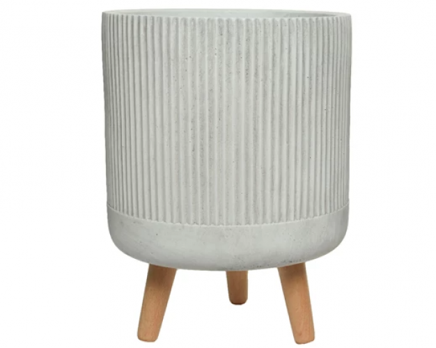 12" Fibre Clay Planter Offwhite Stripe With Wood Legs