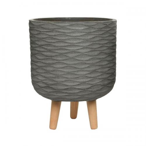 12" Fibre Clay Planter Brown Wave With Wood Legs