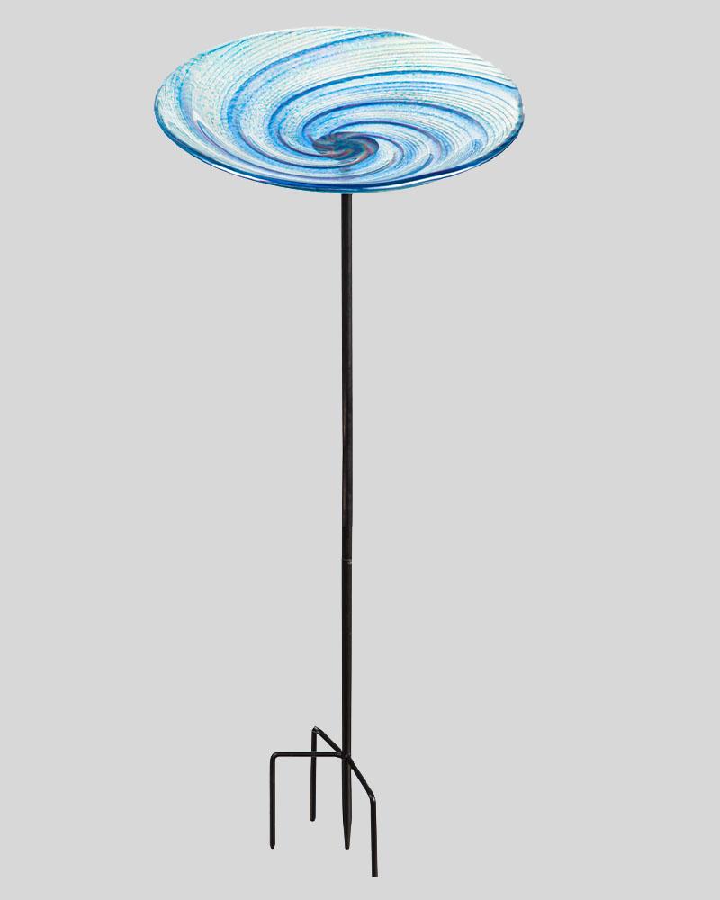 Glass Birdbath Stake Swirl Blue