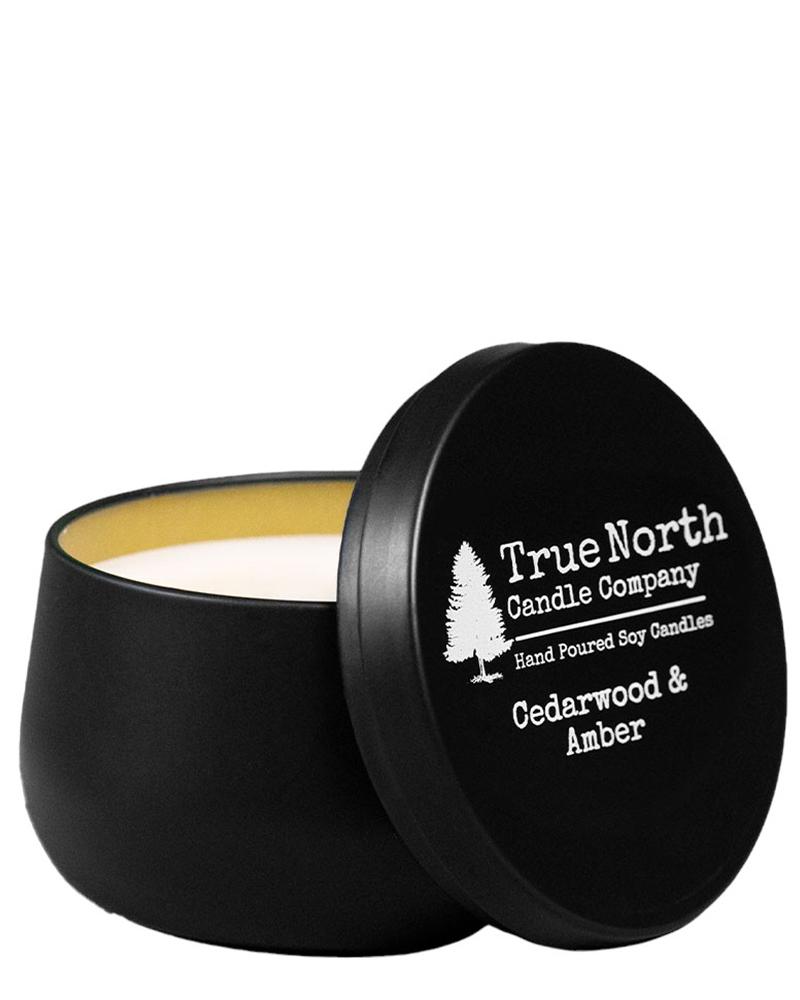 True North Candle Company 6oz black tin, Cedarwood & Amber