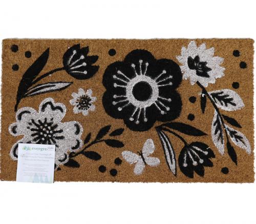 Floral Black and White - Evergreen Coir Doormat 28in x 16in