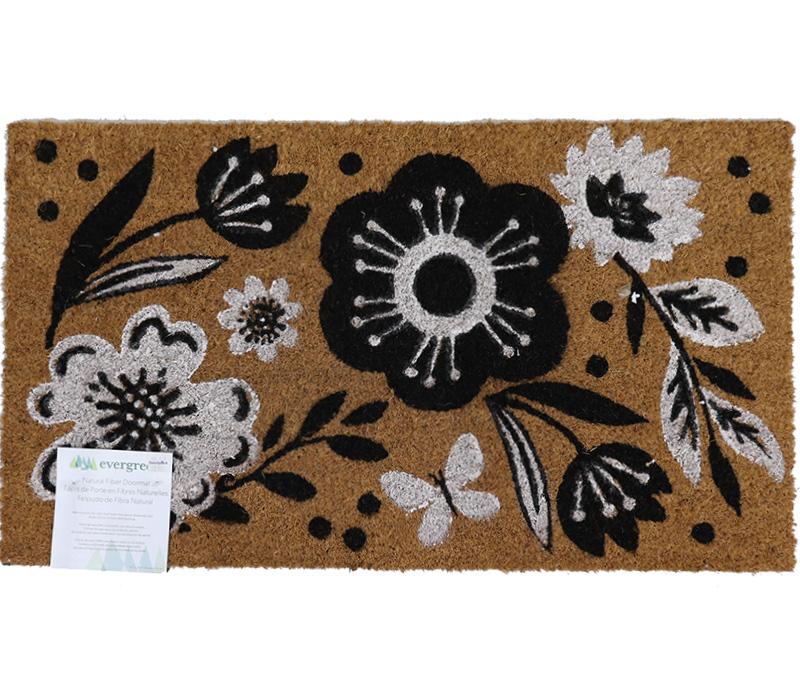 Evergreen Coir Doormat 28in x 16in Black/White Floral