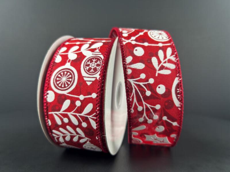 Red Satin With Ornaments 1.5" 10 Yards