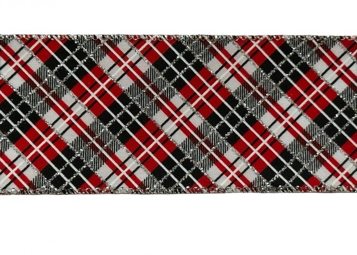 Red, White, Black Glitter Plaid 2.5" 10 Yards