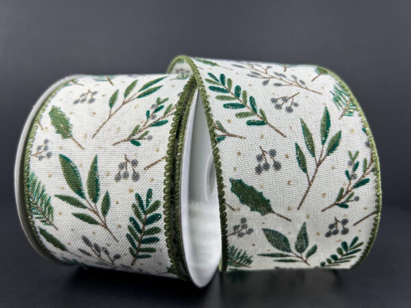 Ivory Linen With Moss Foliage 2.5" 10 Yards