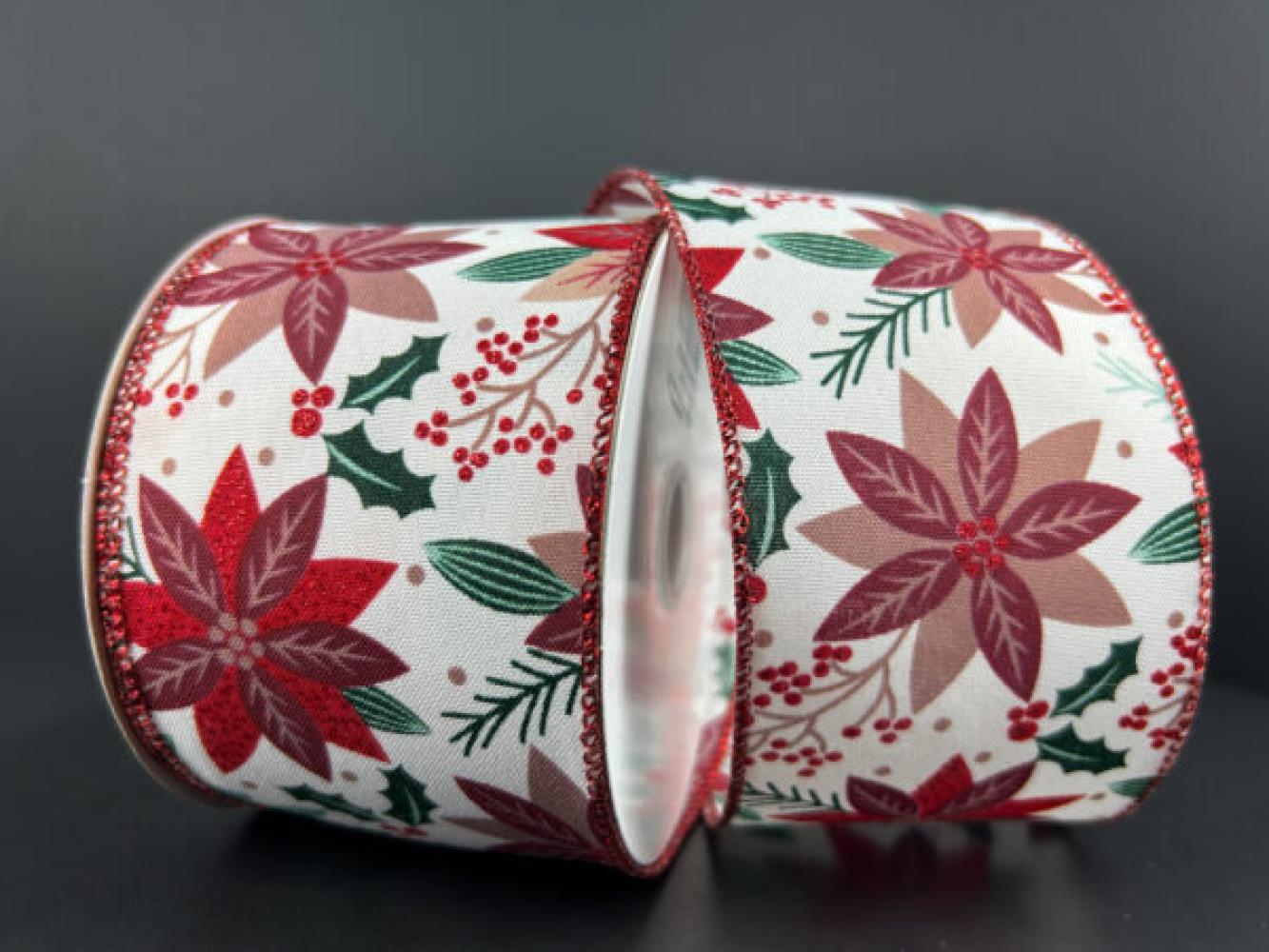 White Satin With Poinsettias 2.5" 10 Yards