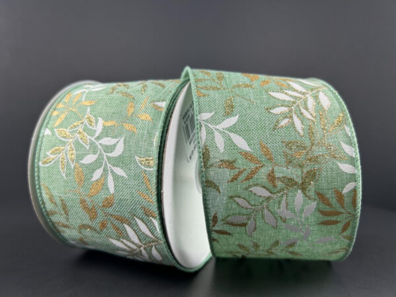 Mint Linen With Branches 2.5" 10 Yards