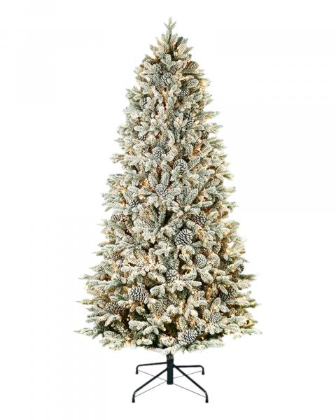 7' Woodland Flocked Fir With Pine Cones With 1400 Color Changing LED Lights