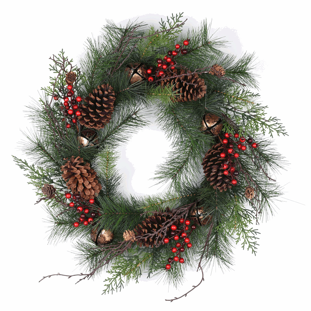 24" Wreath with Berries, Bells, and Cones, Unlit