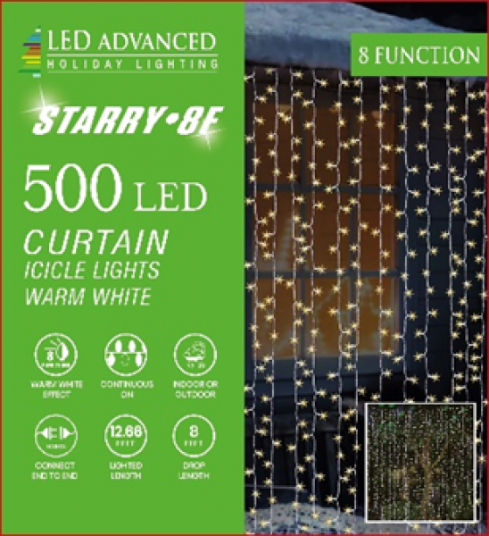 500 Lights Starry 3mm Curtain Icicle 8 Function Warm White