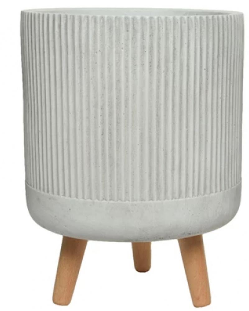 12" Fibre Clay Planter Offwhite Stripe With Wood Legs