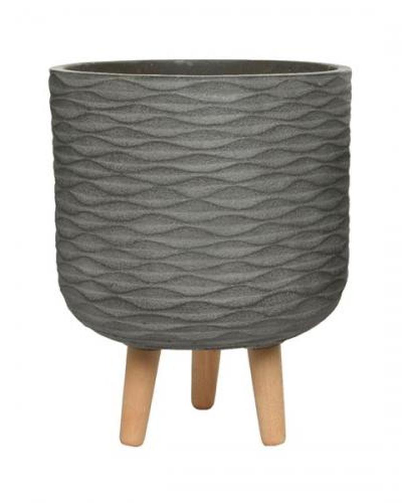 12" Fibre Clay Planter Brown Wave With Wood Legs