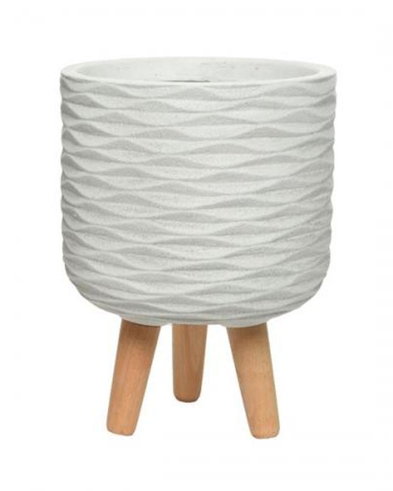 12" Fibre Clay Planter Offwhite Wave With Wood Legs