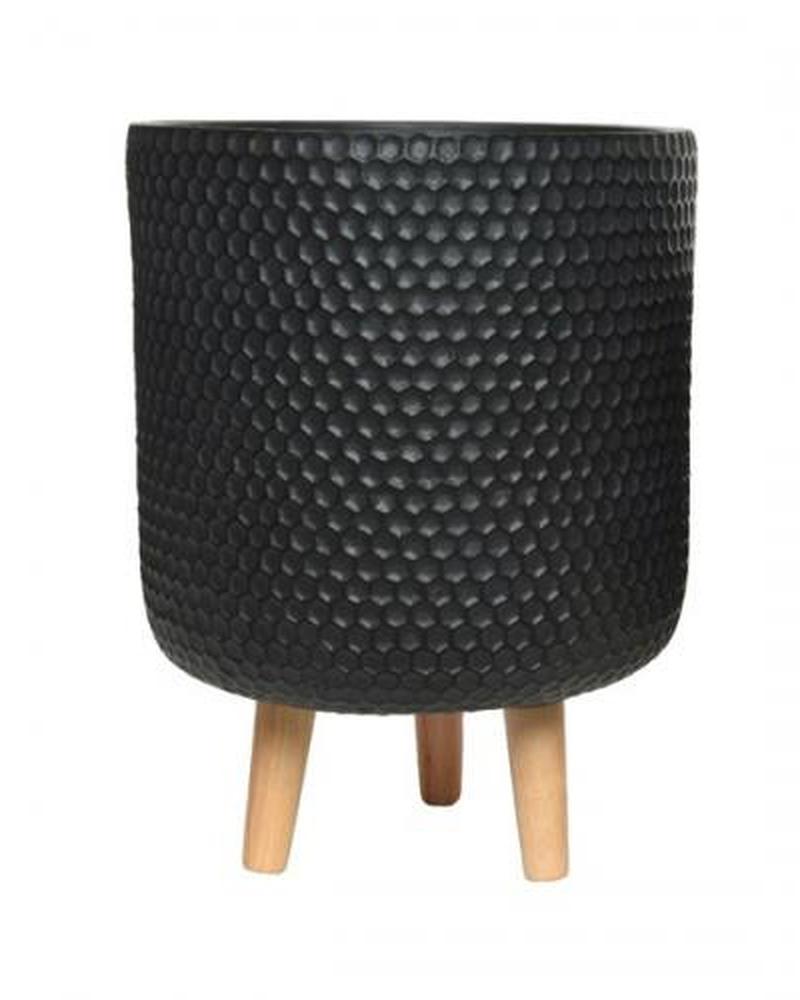 10" Fibre Clay Planter Anthracite Honeycomb With Wood Legs