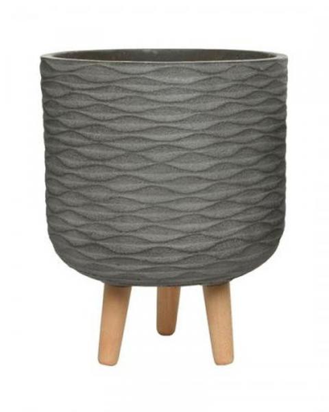 12" Fibre Clay Planter Brown Wave With Wood Legs