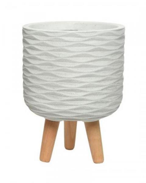 10" Fibre Clay Planter Offwhite Wave With Wood Legs