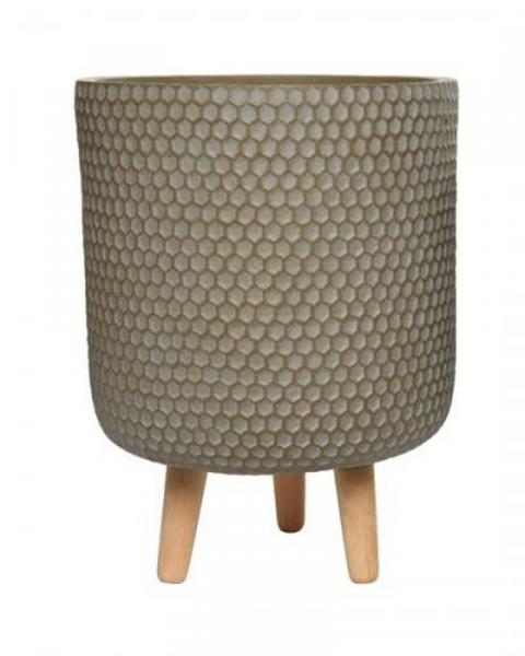 10" Fibre Clay Planter Taupe Honeycomb With Wood Legs