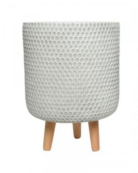 10" Fibre Clay Planter Offwhite Honeycomb With Wood Legs