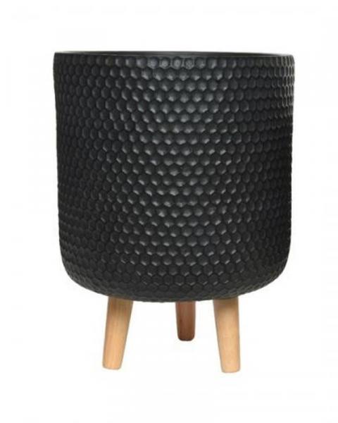 10" Fibre Clay Planter Anthracite Honeycomb With Wood Legs