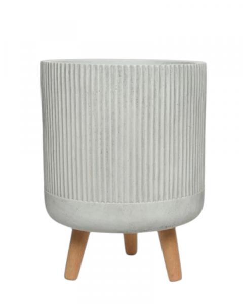 12" Fibre Clay Planter Offwhite Stripe With Wood Legs
