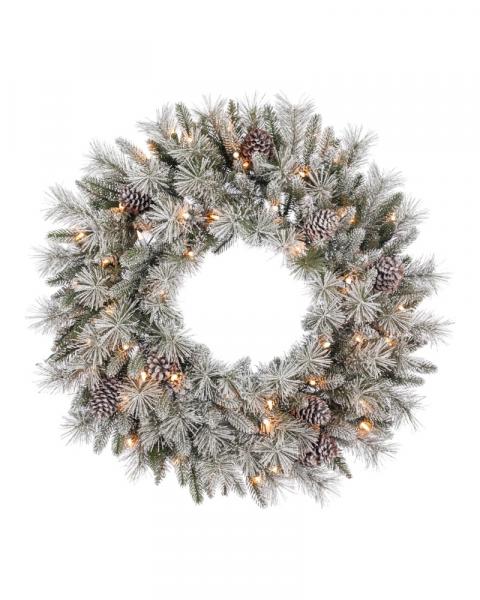 Hudson Flock Pine Wreath With 50 Warm White Lights 30"