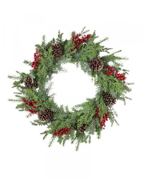 Mixed Pine Wreath With Berries & Cones 24"