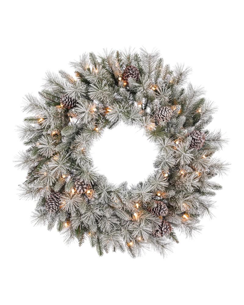 Hudson Flock Pine Wreath With 50 Warm White Lights 30"