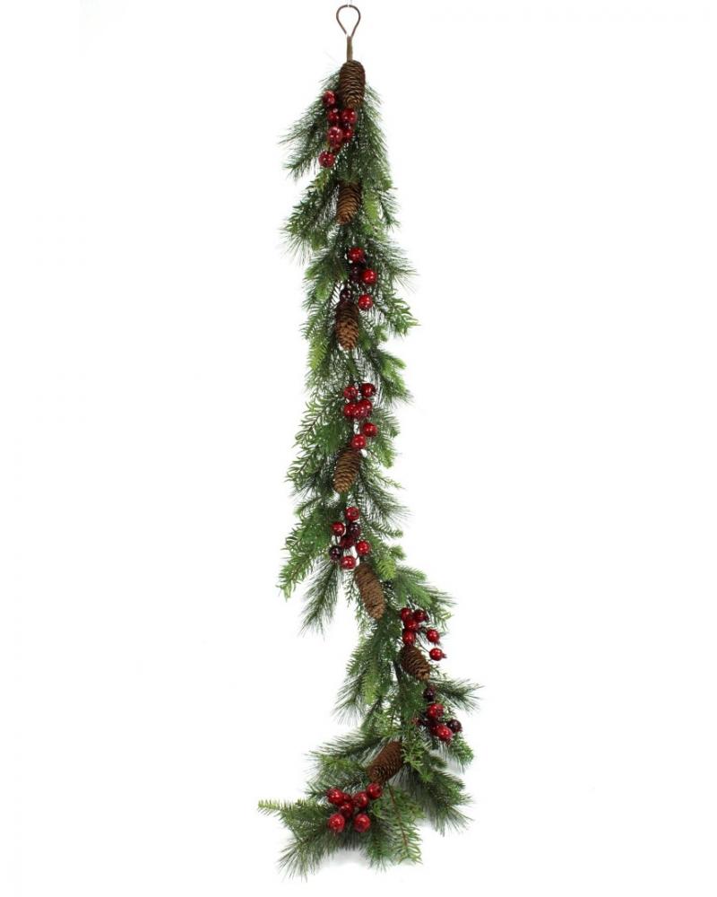 Red Berry Pine With Cones Garland 5'