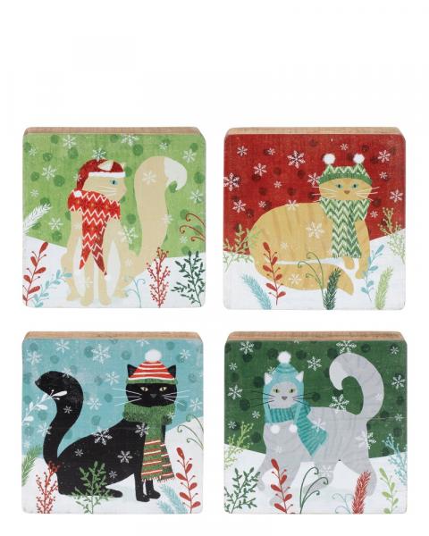 Plaque Winter Cat 7.5" Wood Asst