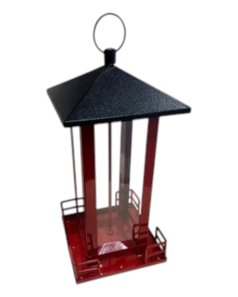 Red Metal Feeder With Black Roof